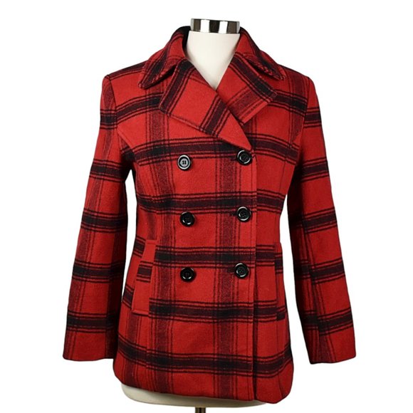 Chadwicks Jackets & Blazers - Chadwick of Boston Red Buffalo Plaid Wool-Blend Pea Coat